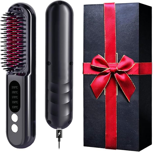 Mindrain Mini Cordless Hair Straightener Brush Pro A+, Portable Straightening Brush for Travel, Ionic Hot Comb Straightener, USB Rechargeable, It can be Used While Charging, Gifts for Women. (Black)
