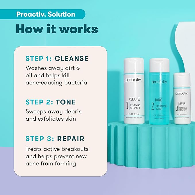 Proactiv 3 Step Acne Treatment - Benzoyl Peroxide Face Wash, Repairing Acne Spot Treatment for Face And Body, Exfoliating Toner - 60 Day Complete Acne Skin Care Kit