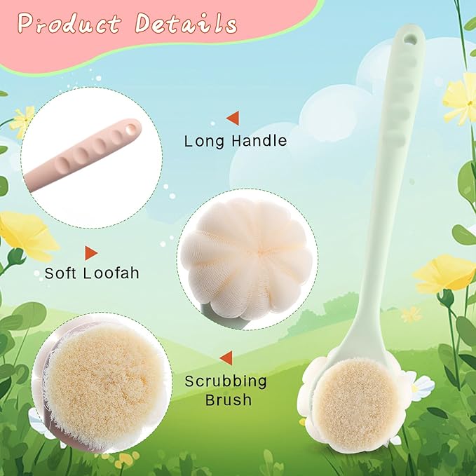 2 Pcs Body Shower Brush Long Handle Back Scrubber Brush with Bristles and Loofah Mesh Sponge for Skin Exfoliating Bath Wet Dry Massage Brushing - Pink+Green