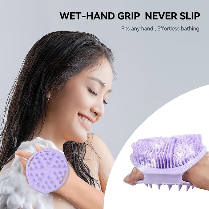 Dual-Sided Silicone Body Scrubber as Stocking Stuffers, Silicone Loofah for Shower Exfoliating Body Brush Scrubber for Men and Women for All Skin, Scalp Massager Lather Well＆Easy to Clean (Purple)