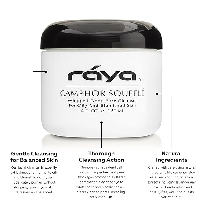 Raya Camphor Soufflé Facial Cleanser (101) - pH-Balanced Blemish Facial Wash for Oily & Break-Out Skin, Blackheads & Whiteheads, Clarify Pores, Refreshing Camphor Formula, Smooth Complexion - 4oz