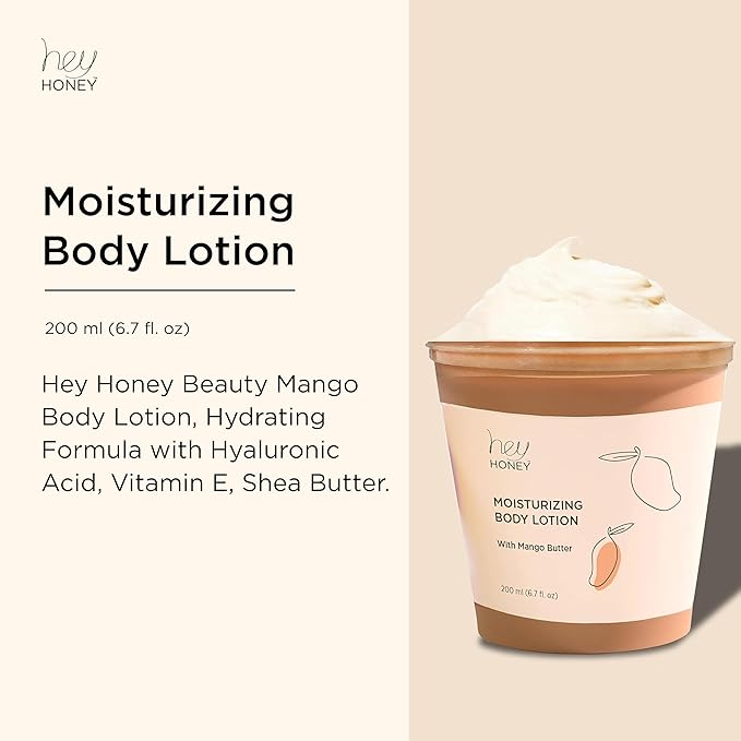 Hey Honey Skin Care Mango & Honey Water-Free Body Lotion - Hyaluronic Acid, Ceramides & Barrier Repair for Hands, Elbows & Dry Sensitive Skin | 24-Hr Hydration, Fruit Enzymes, Cruelty-Free | 6.7 oz