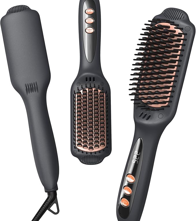 LANDOT Hair Straightener Brush for Thick Curly Hair - Ionic Ceramic Straightening Brush with Dense Bristles & 12 Temp Settings, Dual Voltage, Fast Heating for Frizz-Free Smooth Hair, Black