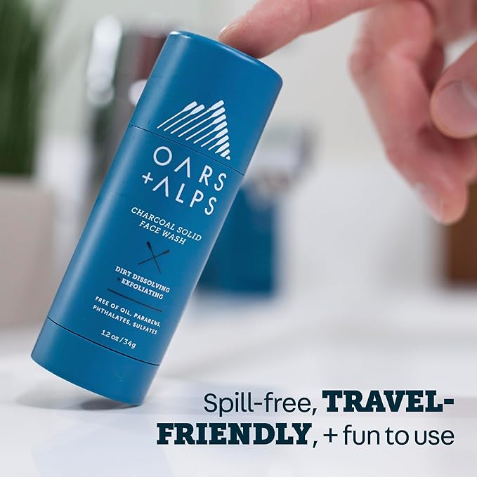 Oars + Alps Exfoliating Face Wash Stick, 2-in-1 Facial Cleanser & Face Exfoliant with Activated Charcoal, Alpine Moss, Dermatologist Tested, Spill Free, Travel Size, 1.2 Oz