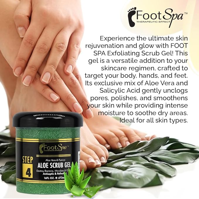 FOOT SPA - Exfoliating Scrub Gel, 16 Oz - Manicure, Pedicure and Body Exfoliator Infused with Aloe Vera and Salicylic Acid - Glow, Polish, Smooth and Moisture Skin - Body, Hand and Foot