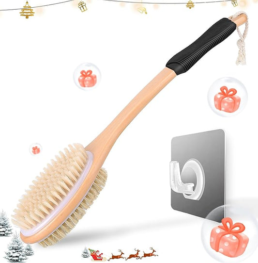 Long Handle Ergonomically Back Scrubber/Brush for Shower, Double Sided Exfoliating Body Scrubber for Women and Men (Black)
