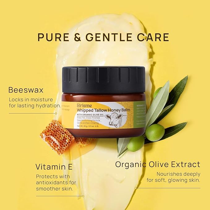 Grass-Fed Beef Tallow for Skin: Organic Whipped Tallow and Honey Balm - Face Moisturizer & Body Cream - Deep Hydrating & Nourishing - Raw Wild Honey, Beeswax, & Vitamin E, 2.3 Oz