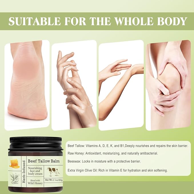 Beef Tallow For Skin – Natural Whipped Tallow and Honey Balm Face Moisturizer, Organic Grass-Fed Tallow, Deeply Nourishing Skin Balm for Face & Body, Moisturizing Cream for Dry Skin