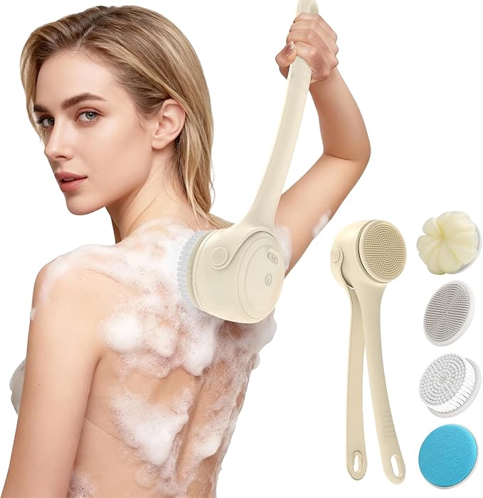 Electric Back Scrubber for Shower - Waterproof Rechargeable Exfoliating Brush for Deep Cleansing, Soft Bristles for Sensitive Skin, Dry/Wet Use for Back, Arms & Legs