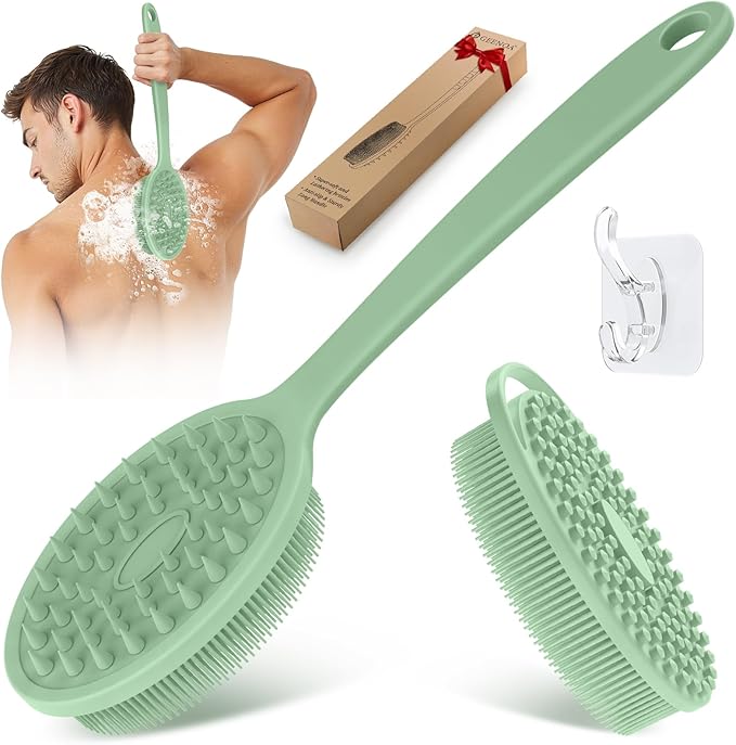 Silicone Back & Body Scrubber Set 2PCS, 13.4'' Gentle Exfoliating Back Scrubber with Dual-Side Head and Non-Slip Handle, Hygienic Silicone Loofah with Soft Bristles and Massage Dots(Green-2PC)