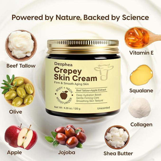 Crepey Skin Repair Treatment: Crepey Skin Repair Cream for Aging Skin with Pure Beef Tallow, Soluble Collagen & Apple Fruit - Advanced Crepe Fix Cream for Neck, Arms, Chest, Body - Unscented