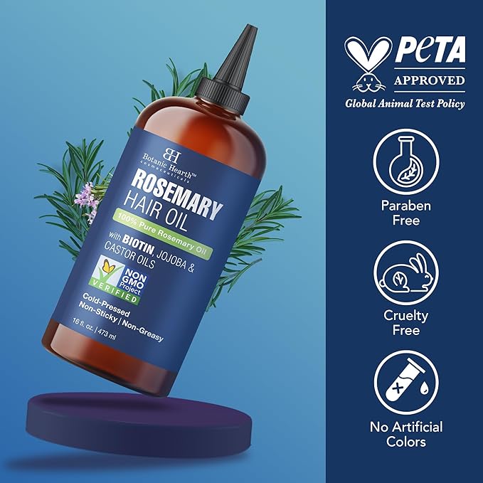 Botanic Hearth 100% Pure Rosemary Oil for Hair Growth | Infused with Biotin, Jojoba & Castor Oil | Hair Oil Repairs Dry Damaged Hair, Strengthening, Healthier - Hair Tonic, 16 fl oz