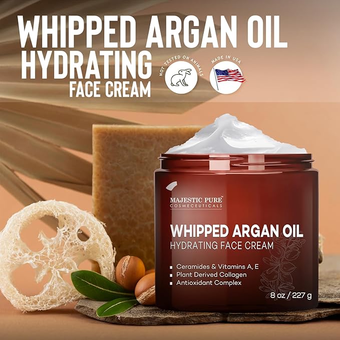 Majestic Pure Whipped Argan Oil Moisturizer Face Cream for Women & Men - With Vitamin E A, Collagen & Ceramides - Hydrates Dry Skin, Oily Skin, Reduces Appearance of Fine Lines – 8oz