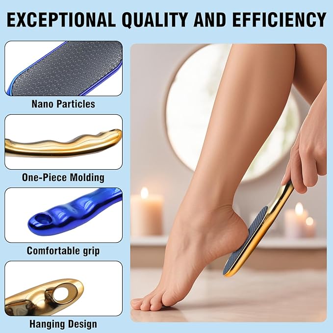 2 Pcs Veinsgrain Foot File, Nano Glass Foot File Hard Skin Remover with Non-Slip Ergonomic Handle, Professional Foot Care Tools for Smooth Feet(Gold+Blue)