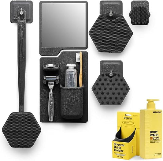 TOOLETRIES Get Your Grooming Together Pack - Shower Grooming Kit for Men with Silicone Body, Back, Face, and Beard Scrubbers, Body Wash, No-Fog Mirror, Shower Organizer and Drink Holder