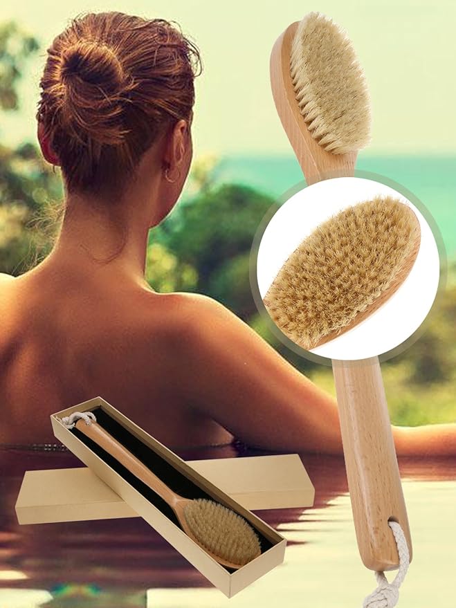 Bath Body Brush Long Handle Wooden Shower Brush with Natural Bristles