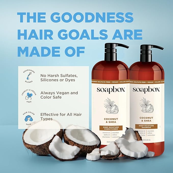 Soapbox Shampoo and Conditioner Set with Coconut Oil, Jojoba Oil, Aloe and Shea Butter to Moisturize and Nourish for All Hair Types, 1 Liter Each (Pack of 2)
