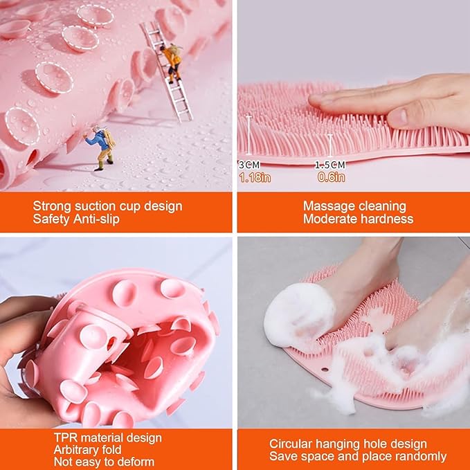 Shower Back & Foot Scrubber,Wall Mounted Back Scrubber Silicone Bath Massage Cushion Brush with Suction Cups,Bathroom Wash Foot Mat Exfoliating Dead Skin Foot Brush (L-Pink 1pcs)