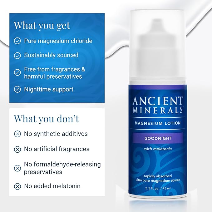 Ancient Minerals Magnesium Lotion Goodnight night cream contains melatonin with magnesium chloride and OptiMSM a topical nighttime moisturizing lotion(2.5oz)