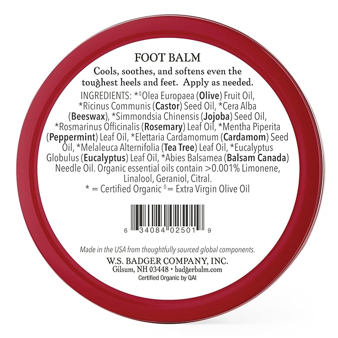 Badger Foot Balm, 100% Organic Foot Cream for Dry Cracked Heels and Feet, Fast Acting Foot Care for Women & Men, All-Natural Cracked Heel Treatment, 2 oz Tin