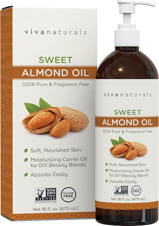Viva Naturals Sweet Almond Oil, 16 fl. oz – Skin & Hair Moisturizer, Body & Massage Oil, Carrier Oil for Essential Oils, Non-Greasy & Pure