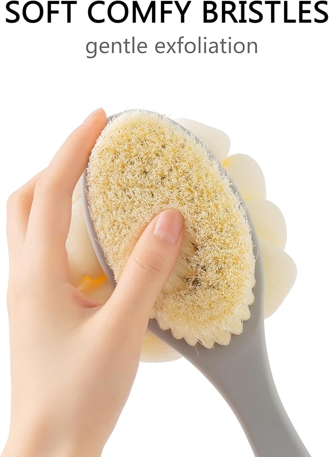 Shower Body Brush with Bristles and Large Pumpkin Loofah,Back Scrubber Bath Mesh Sponge with Anti-Slip Curved Long Handle for Skin Exfoliating,Massage Bristles for Wet or Dry,Men Women (Grey)