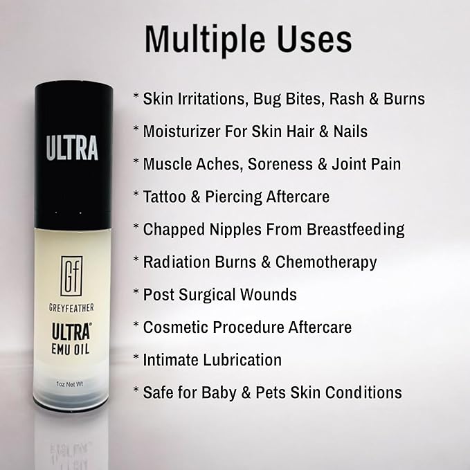 Greyfeather Ultra Emu Oil – 45% More Anti-Inflammatory Properties | Deep Moisturizer for Skin, Hair & Nails | Supports Wound Healing, Reduces Scars, Soothes Irritations, Boosts Collagen & Hair Growth
