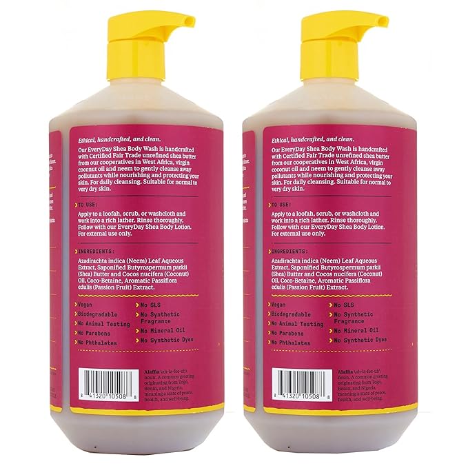 Alaffia Everyday Shea Body Wash, Naturally Helps Moisturize and Cleanse Without Stripping Natural Oils with Fair Trade Shea Butter, Neem, and Coconut Oil, Passion Fruit, 2 Pack - 32 Fl Oz Ea