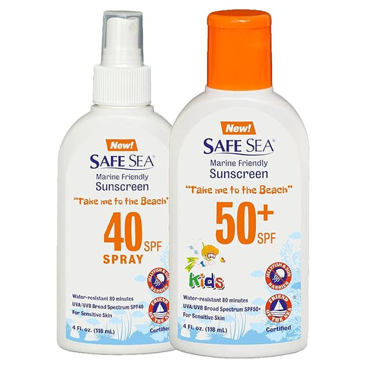 Double pack Safe Sea Anti-jellyfish Sting Protective Lotion- SPF40 Spray and SPF50 for kids- Hypoallergenic Jellyfish & Sea Lice Sunscreen for Safer Sea (4oz Bottle, 2 Pack)