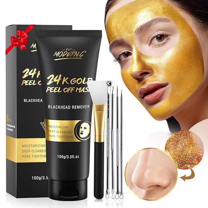 Blackhead Remover Mask, 24K Gold Peel Off Mask, Gold Facial Mask Anti-Aging, Deep Cleansing, Reduces Fine Lines＆ Wrinkles Great for All Skin, With Blackhead Remover Extractor Tools Kit & Brush