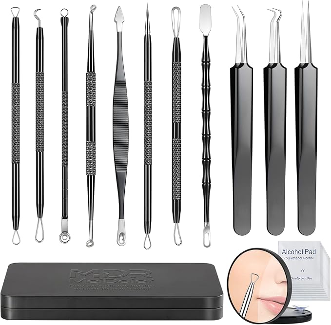 11PCS Blackhead Remover Comedone Extrator Kit, Pimple Extractor Acne Removal Tool Kit, Curved Blackhead Tweezers Kit, Comes with Alcohol Tablets and Magnifying Glasses for Blemish Removal (Iron Box)