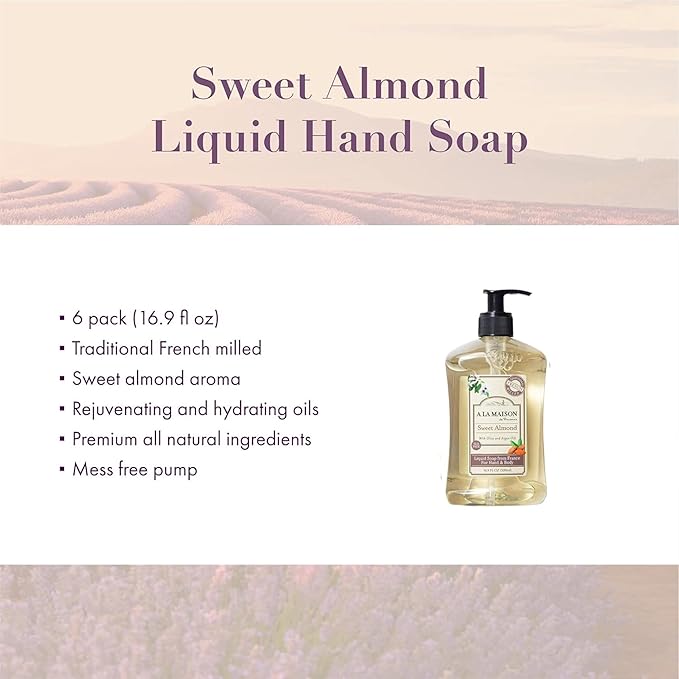 A LA MAISON French Liquid Hand Soap, Almond - Natural Hand Wash Made with Essential Oils - Biodegradable, Plant-Based, Vegan, Cruelty-Free, Alcohol & Paraben Free (16.9 oz, 6 Pack)