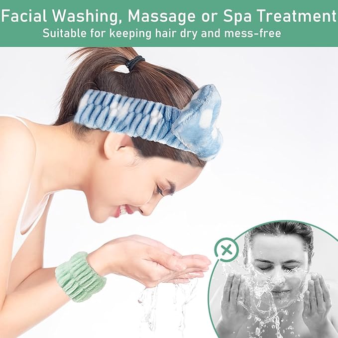 Facial Cleansing Brush 2 in 1, Silicone Face Scrubber Dual Face Brush for Deep Pore Cleansing and Exfoliating, Skincare Headband and Wristbands Set for Washing Face, Massaging Spa Makeup, Cyan