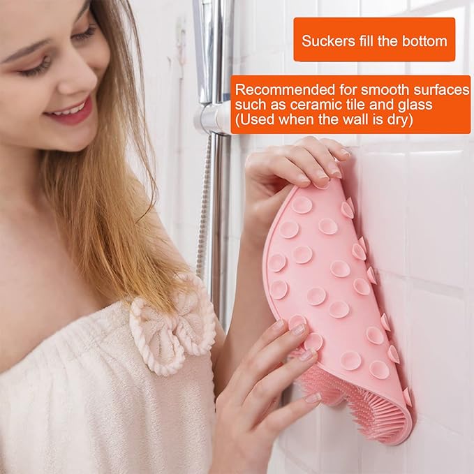VOPHIA 2 Pack Shower Back & Foot Scrubber,Wall Mounted Back Scrubber Silicone Bath Massage Cushion Brush with Suction Cups,Bathroom Wash Foot Mat Exfoliating Dead Skin Foot Brush (L-Pink Blue)