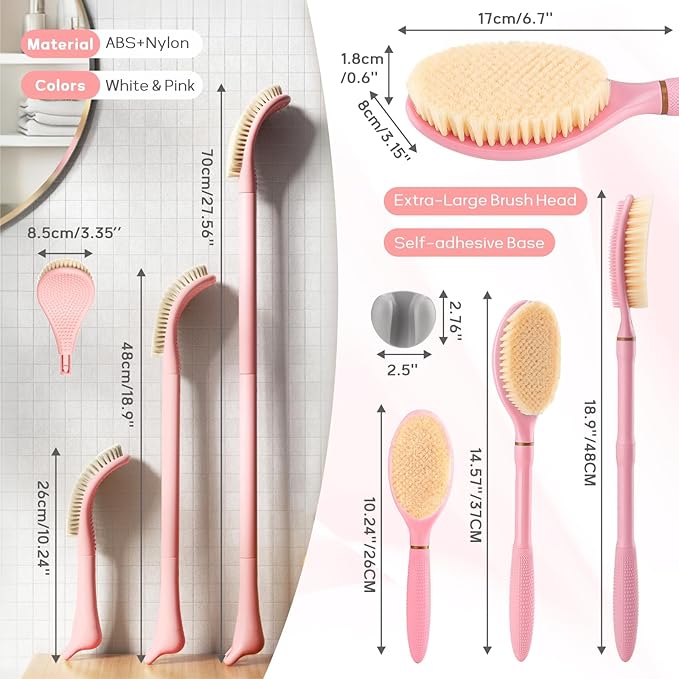 New Foot Brush & Back Scrubber Set 2PCS, 10.2''- 27.5'' Adjustable Foot Scrubber for Shower, 18.9'' Shower Back Scrubber with 3-Length Usage, Great Aid for People with Limited Mobility(Pink)
