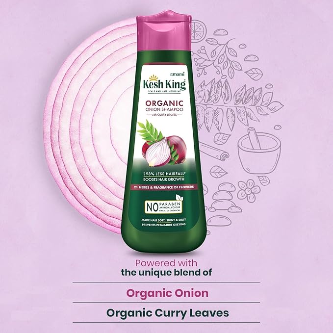 Kesh King Organic Onion Shampoo | Controls Hair Fall & Supports Hair Growth | Enriched with Curry Leaves & Herbal Extracts | Repairs Damage, Reduces Breakage & Adds Shine | 10.14 Fl Oz (300ml)