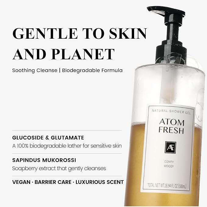 Atom Fresh Fine Fragrance Body Wash – Comfy Woody Scent | Gentle Amino-Acid Cleanser with Oat, Soapberry & Vitamin E | Plant-Based & Sulfate-Free, 16.94 fl oz