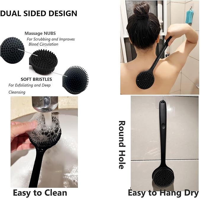 Silicone Body Scrubber With Long Handle for Shower - Exfoliating Back Brush for Men, Women & Kids - Soft Bath Scrubber With Free Hook