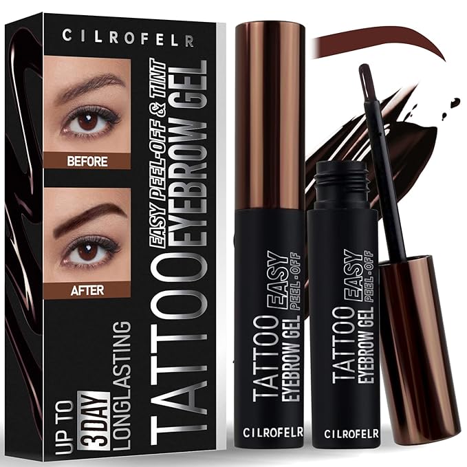 Cilrofelr Tattoo Peel Off Eyebrow Gel, Easy Tattoo Brow Peel Off Gel, Last Up to 3 Days, Waterproof, Transfer-proof, For Fuller & Defined Looking Brows, Warm Brown (2 Pack)