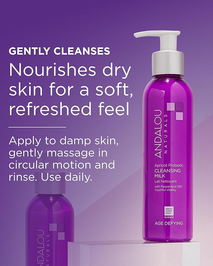 Andalou Naturals Age Defying Apricot Probiotic Cleansing Milk | Gentle Daily Hydrating Face Cleanser For Dry, Dehydrated Skin| With Fruit Stem Cell Complex | 6 fl oz