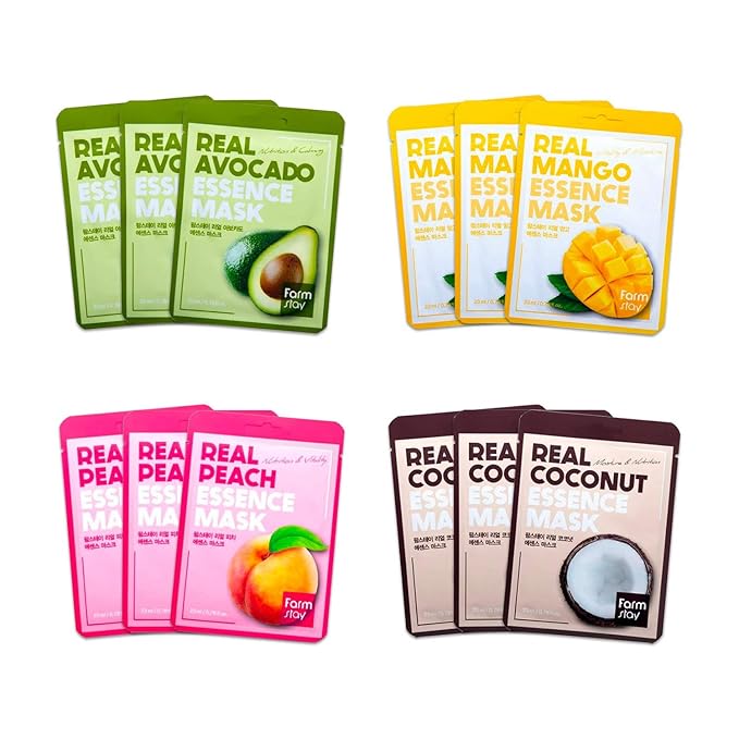 FARMSTAY] Real Essence Mask(12-Combo) - Mango, Coconut, Peach, Avocado | Korean Skin Care Mask Sheet