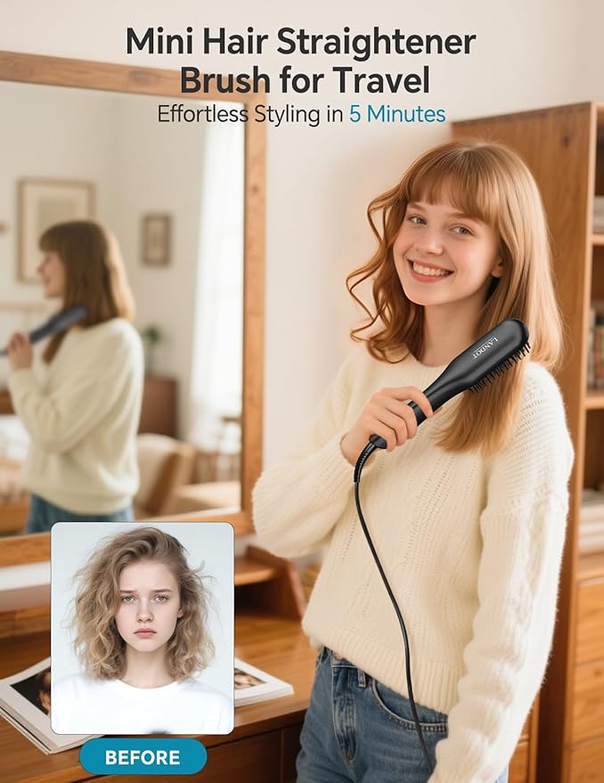 LANDOT Mini Hair Straightener Brush - Ionic Heated Straightening Brush for Frizz-Free & Smooth Styling, Compact Lightweight Dual Voltage Travel Flat Iron Comb for Medium Short Hair, Black