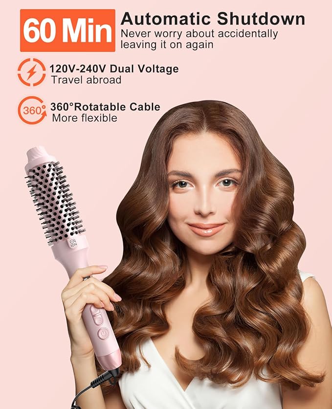 Nimmu Thermal Brush for Blowout Look, 1.5 inch Heated Round Brush, Curling Iron with 10 Temperature Control, Hot Styler Dual Voltage for Travel, Pink