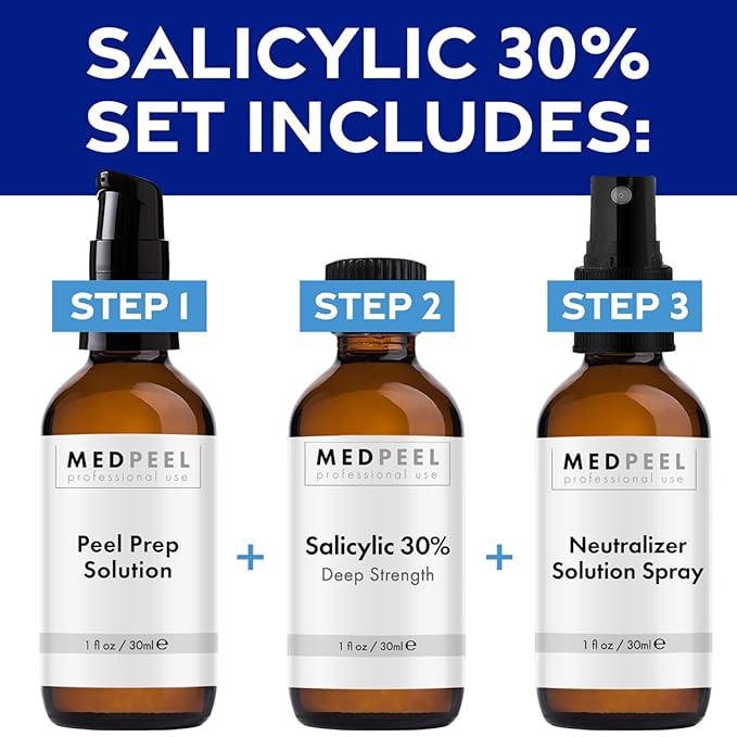 MedPeel Salicylic Acid Peel 30% Essential Peel Kit, Includes Peel, Prep, Neutralizer, Deep Strength Professional Grade Chemical Face Peel for all Skin Tones, 1oz/30ml (Kit of 3)