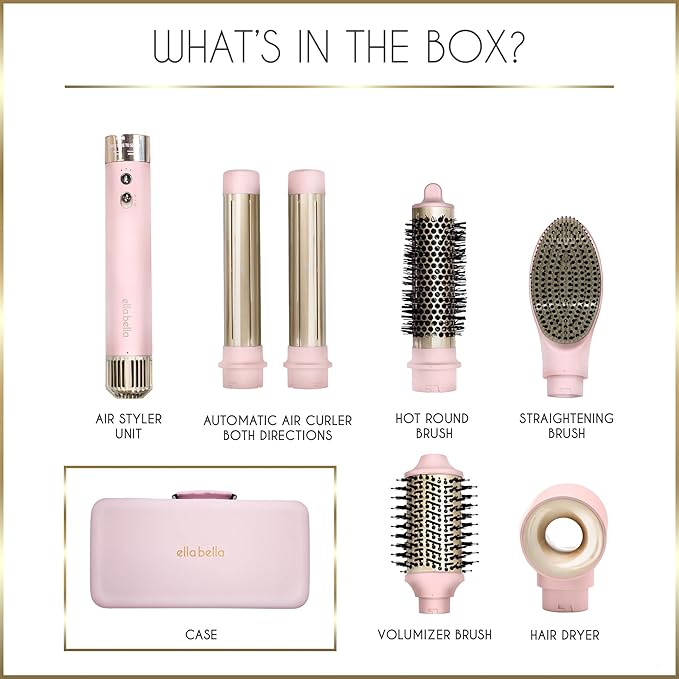 ELLA BELLA® 6-in-1 Hot Air Styler Pink & Heat Protectant Spray • Powerful Hair Dryer Set for Fast Curling, Volumizing, Straightening • Includes Travel Case • UV Shield & Nourishing Hair Care