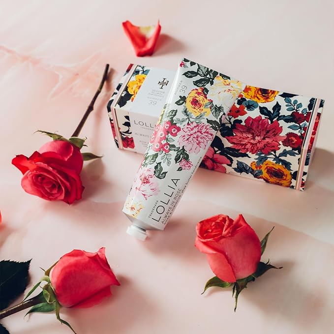 LOLLIA Always in Rose Handcreme, 4 oz., Rose & Hibiscus Scented Hand Cream for Women, Moisturizing Luxury Skin Care for Dry Hands with Shea Butter & Cocoa Butter, Quick Absorbing Lotion