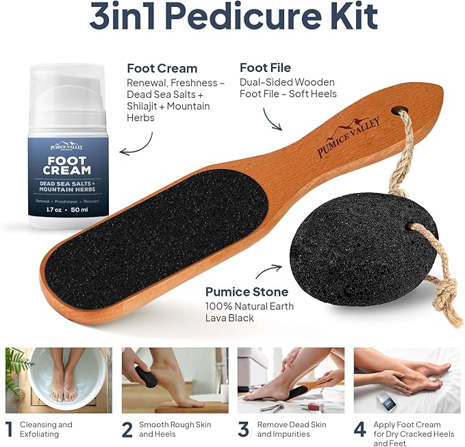 Foot Care Callus Remover Set 3 Pcs - Pumice Stone - Feet File Scrubber - Foot Cream Lotion, Dead Sea Salts, Shilajit, Mountain Herbs 1.7 Oz