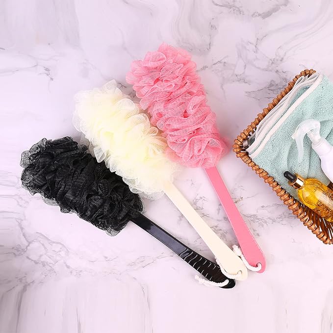 Back Scrubber Brush Long Handle for Shower, Loofah On a Stick Sponge Back Brush, Body Exfoliator Scrubber Bath Brush for Men Women, Exfoliating Cleaning Back Scrubber for Elderly (2 Pack-Black+Purple)