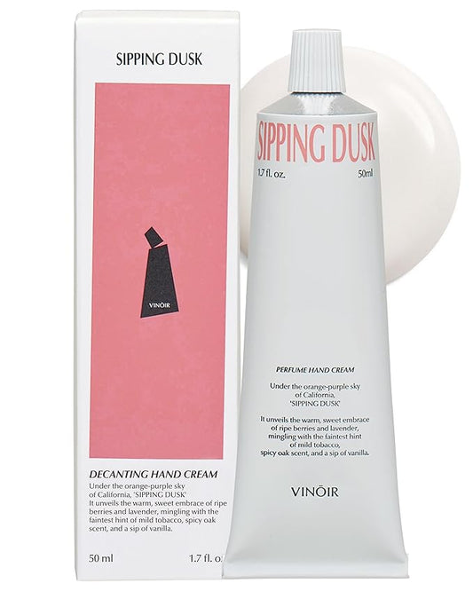 VINOIR Decanting Hand Cream SIPPING DUSK - Long Lasting Perfumed Hand Moisturizer for Rough Skin - Soft & Smooth Hands - Berry, Lavender and Spicy Scent, 1.7oz.