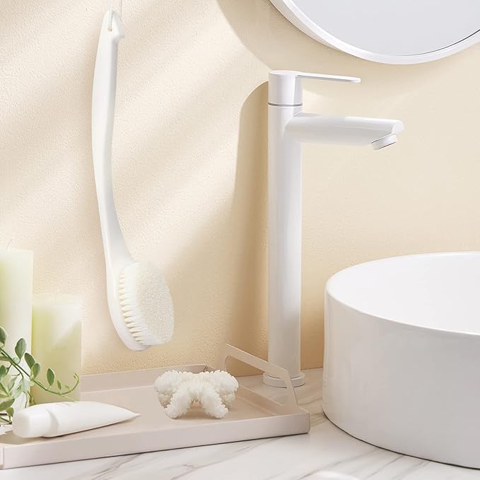 VANZAVANZU Shower Brush, Bath Body Brush with Soft Bristles, 15.4" Back Brush Long Handle for Shower, Dry Exfoliating Brush or Wet Shower Brush with Moderate Bristles, Cream White